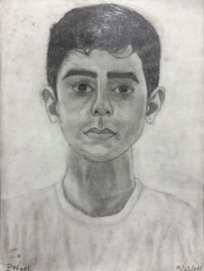 A drawing of a young man with short hair.