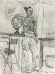 A pencil drawing of a woman standing at the counter.