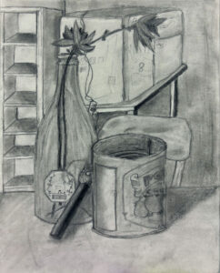 A drawing of a room with a clock and paint can.