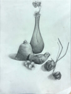 A drawing of some vegetables and a vase