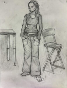 A pencil drawing of a woman standing next to a chair.