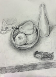 A drawing of a cat and some fruit