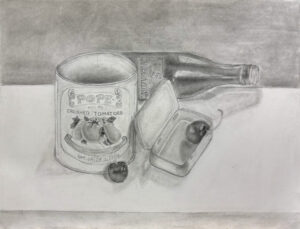 A drawing of two empty glass bottles and an empty can.
