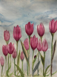 A painting of pink flowers in the sky