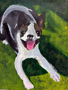 A painting of a dog laying on the ground