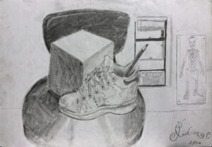 A drawing of a shoe and box on the floor
