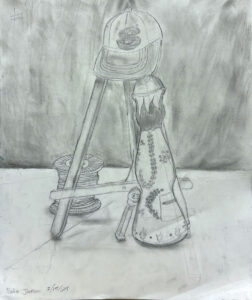 A drawing of a glass bottle and some other objects