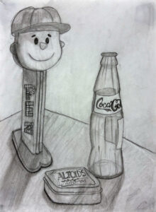 A pencil drawing of a soda bottle and a pez dispenser.