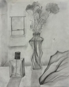 A drawing of a vase and flowers on the table