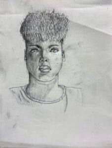 A drawing of a person with a very large hair style.