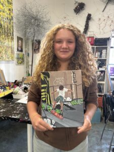 Girl holding skateboard painting.