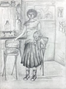 Pencil sketch of a woman standing by a chair in a room.