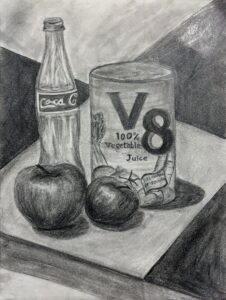 Pencil sketch of a V8 juice can, apple, and cherry on a table.