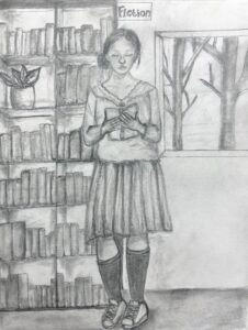 A girl reading a book in a library, surrounded by shelves and a window showing barren trees.