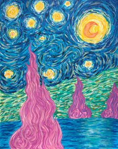 A vibrant, swirling night sky with bright stars and abstract pink trees.