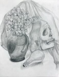 Pencil drawing of a skull, flowers in a vase, and bottles on a draped cloth.