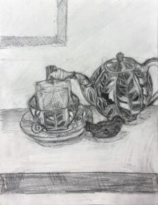 Black-and-white pencil sketch of a teapot, cup, and saucer on a table.