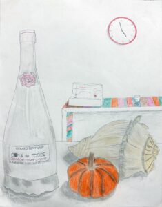 Still life drawing of a bottle, pumpkin, and wrapped item on a table.