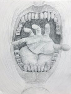 A hand reaching out from an open mouth in pencil sketch.