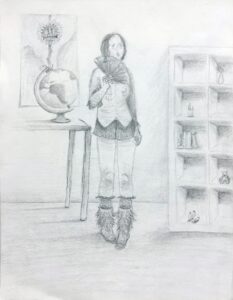 Sketch of a person holding a book in a room with a globe and bookshelves.