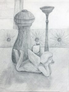 Pencil drawing of a contemplative figure holding a candle in a minimalist setting.