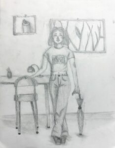 Pencil sketch of a woman standing with an umbrella in a room.