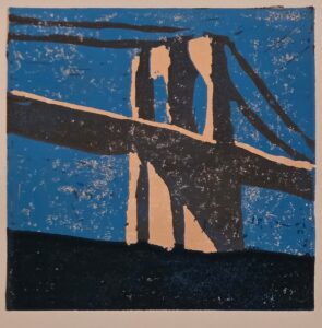 Abstract artwork of a bridge against a blue sky.