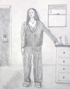 Pencil sketch of a woman standing in a room, reaching toward a dresser.