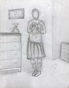 Pencil sketch of a person standing indoors holding an object.