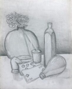Pencil sketch of kitchen items including a bottle, cup, bread, and vegetables.