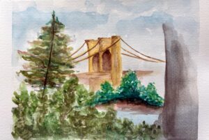 A watercolor painting of a bridge surrounded by trees and greenery.