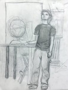 Pencil sketch of a man standing near a globe and table.