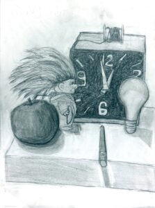A pencil sketch of a clock and boxing gloves on a table.