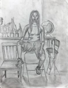 Pencil sketch of a woman sitting confidently on a table surrounded by books and a globe.