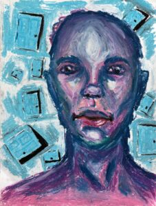 Abstract portrait of a person with blue and purple hues.