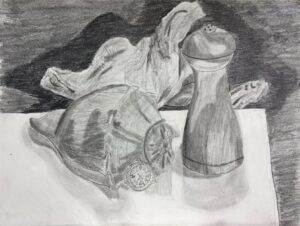 A pencil sketch of a still life with a draped cloth, a jar, and a sliced lemon.