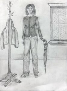 Pencil sketch of a person holding an umbrella indoors.