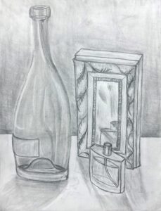 Pencil sketch of a bottle and framed mirror with lipstick.