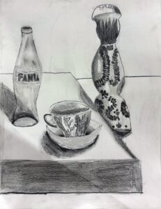 Pencil sketch of a Fanta bottle, a cup, and a patterned vase.