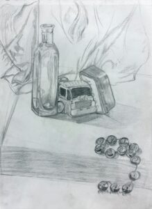 Pencil sketch of a bottle, a box, and scattered marbles on a surface.