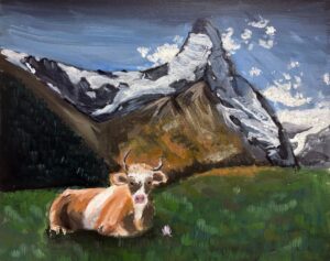 A cow resting on grass with a snowy mountain backdrop.