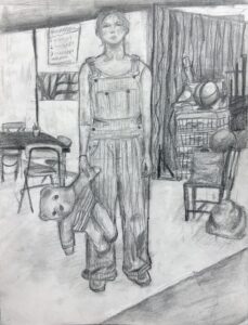 Pencil sketch of a person holding a teddy bear in a cluttered room.