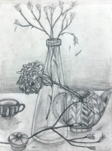 Pencil sketch of a vase with flowers and a cup on a table.
