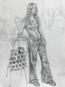 Pencil sketch of a woman standing with a polka-dot bag and casual outfit.