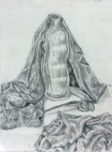 Charcoal drawing of a draped fabric over a textured bottle on a table.