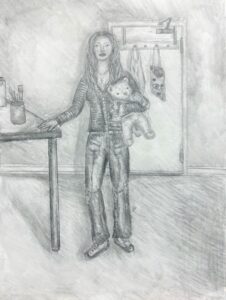 Pencil sketch of a woman holding a cat indoors near a table.