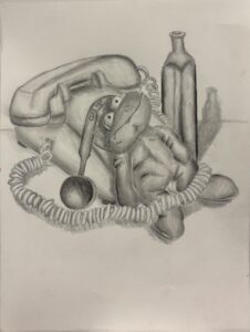 A detailed pencil sketch of a retro telephone with a coiled cord and a bottle in the background.