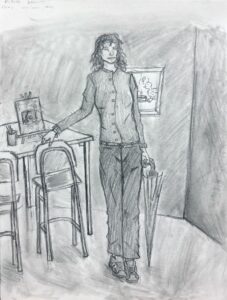 A person leaning on a bar stool holding an umbrella in a sketch.