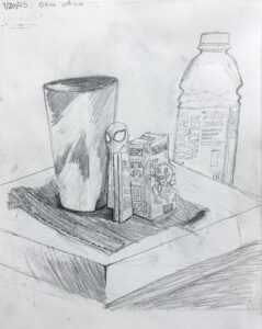 Pencil sketch of a cup, drink carton, and bottle on a table.