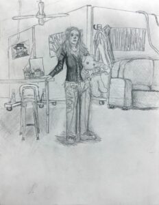 A person standing in a room with furniture and a walker.